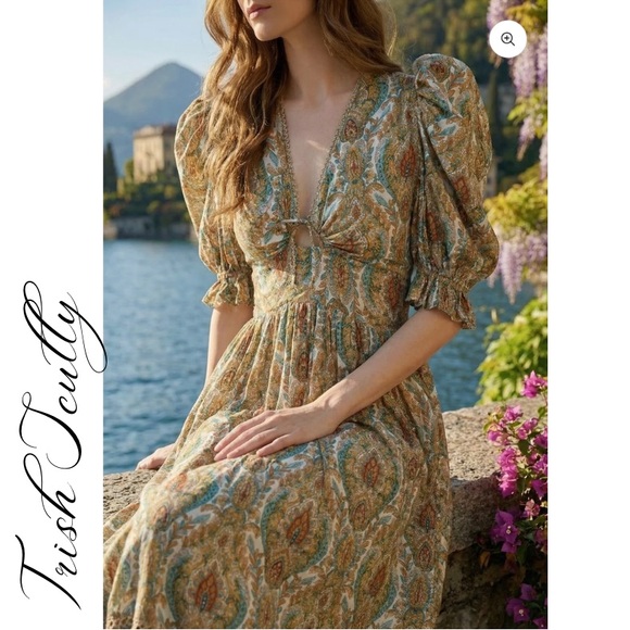 Trish Scully Dresses & Skirts - Women's Paisley Puff-Sleeve V-Neck Maxi Dress - Olive/Tan